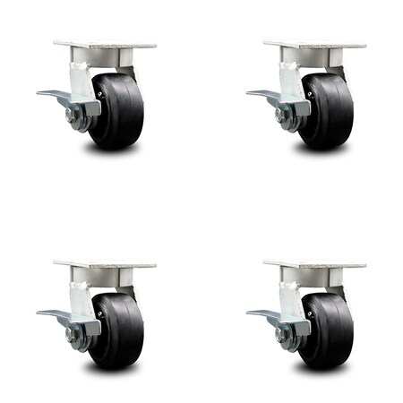 Service Caster 4 Inch Kingpinless Rubber on Steel Wheel Swivel Caster Set with Brakes SCC SCC-KP30S420-RSR-SLB-4